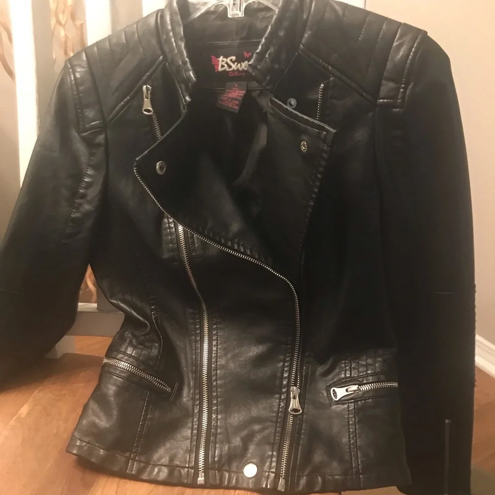 Black Vegan leather bomber jacket w/ polished silver detail. Size small - Picture 1 of 8